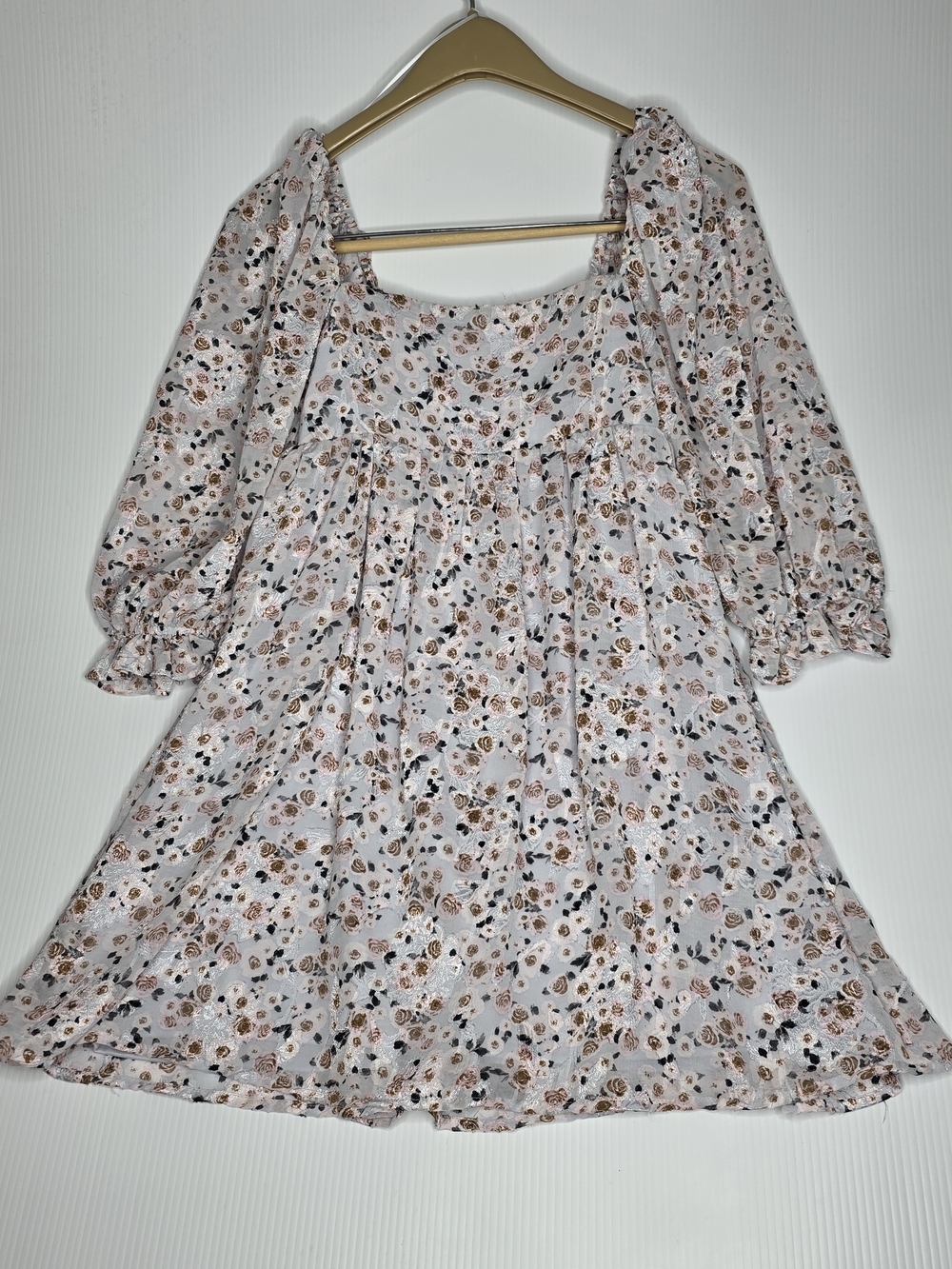 Blue Rain Floral Fairycore Metallic Chiffon Babydoll Dress S